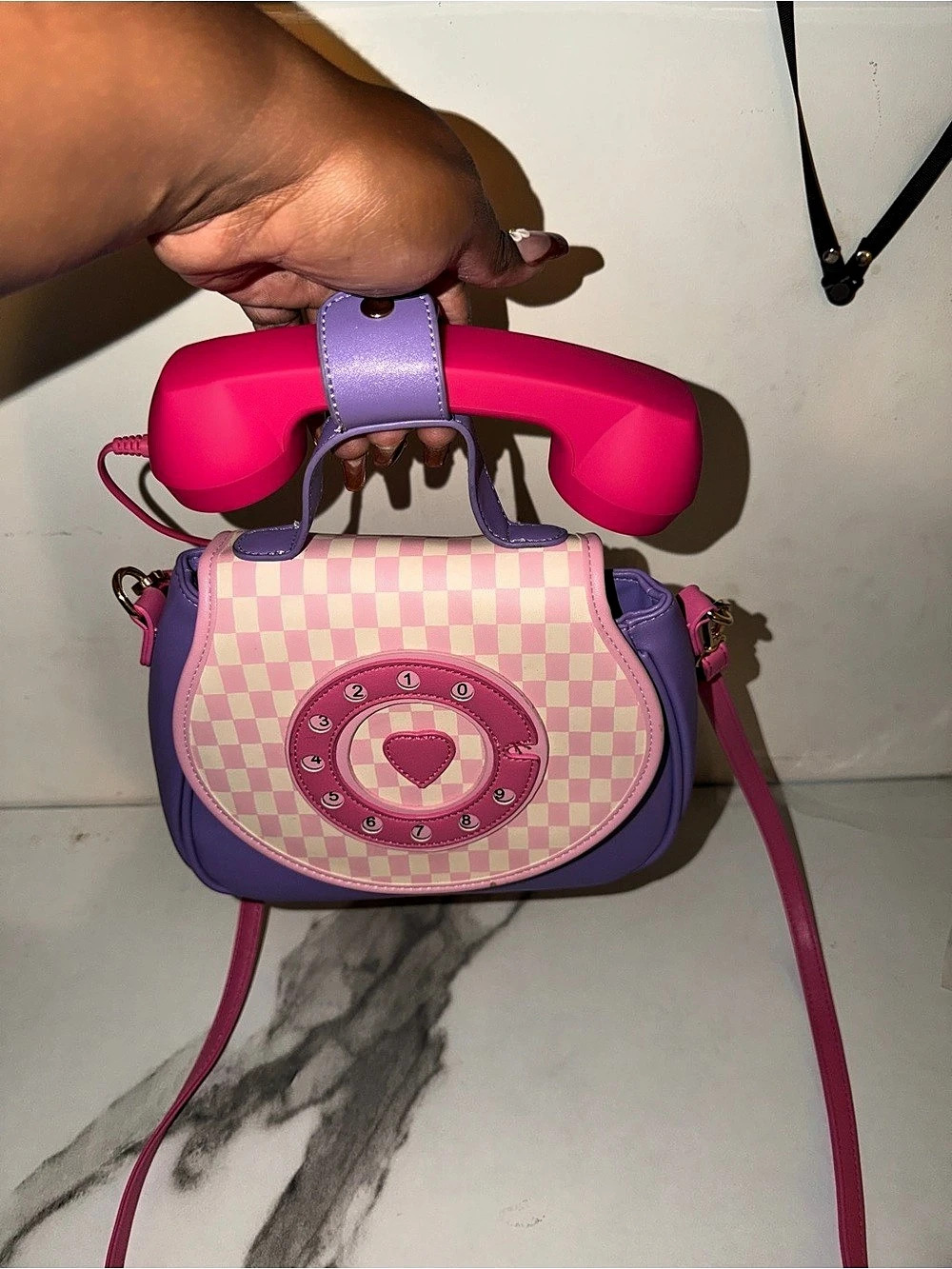Ring Phone Convertible Handbag Checkered Purple & Pink Crossbody Bag